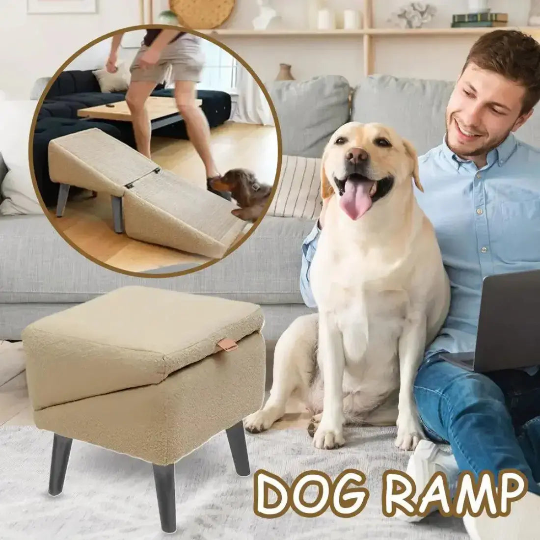Man sitting on a couch with a dog using a pet ramp, with a close-up of the ramp in the corner.