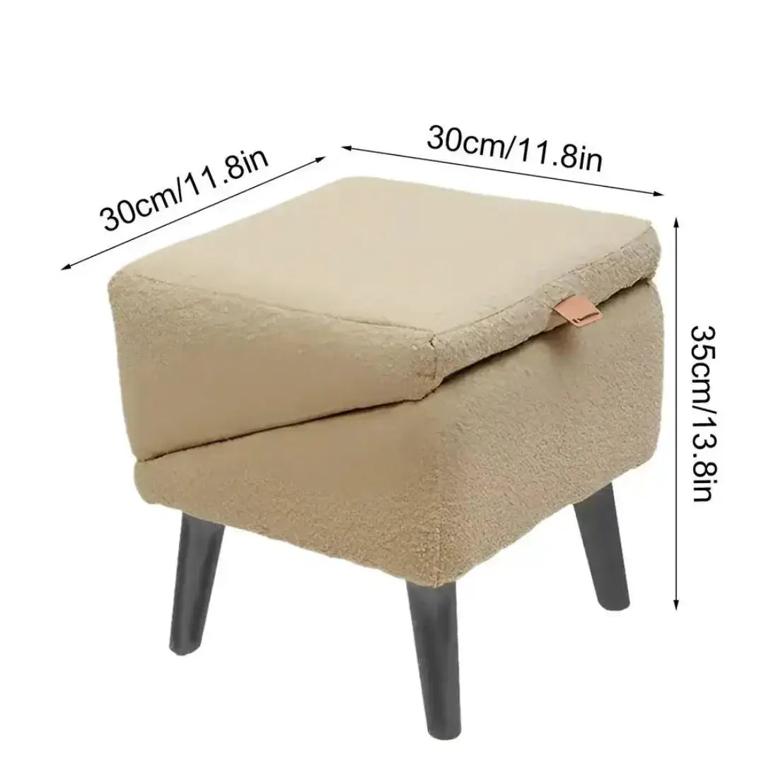 Beige bouclé ottoman stool with dark gray legs, shown with overlaid dimension lines and text indicating 30cm by 30cm by 35cm measurements.