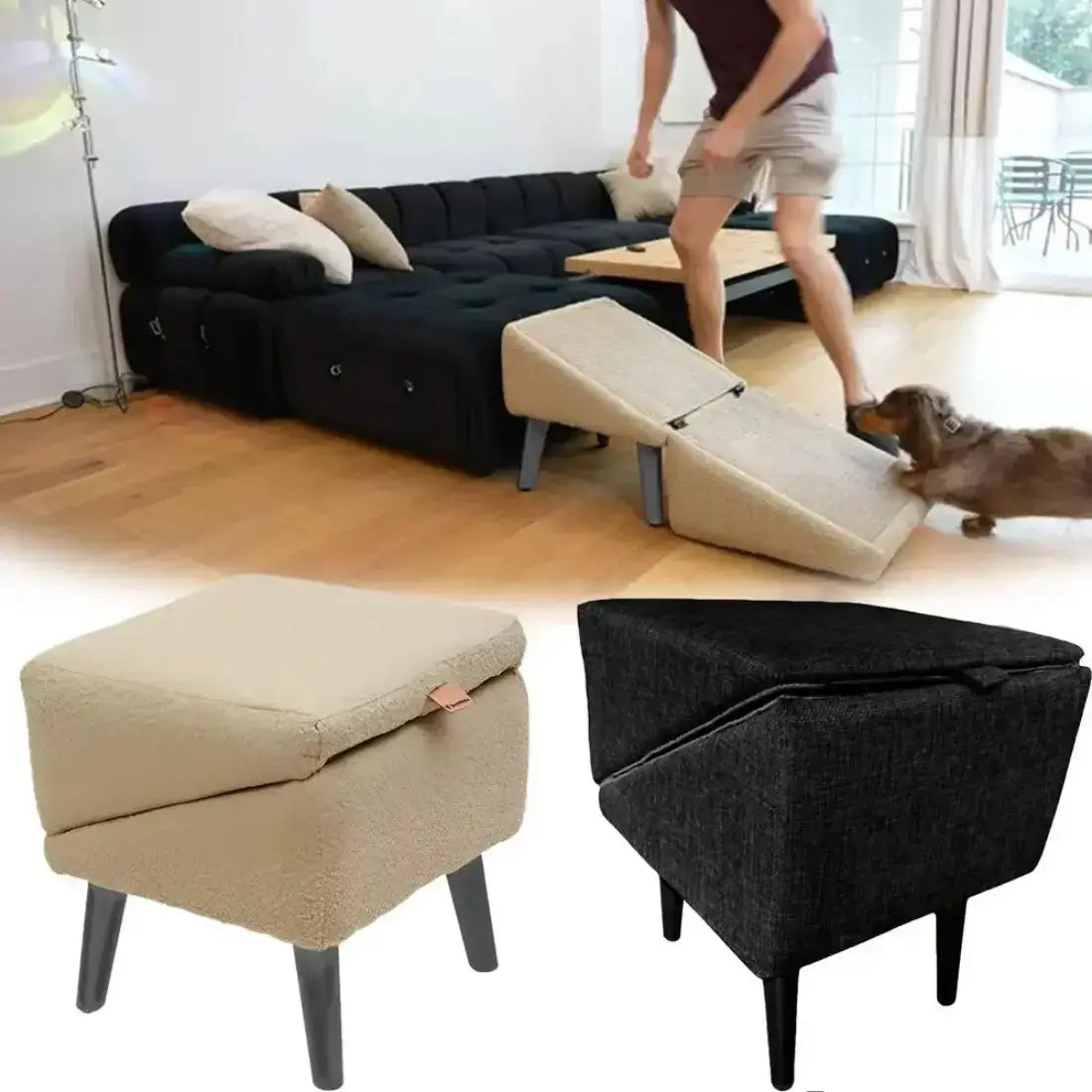 Collage of a black sofa bed, beige ottoman, and dark gray storage ottoman with a person and dog in a room.