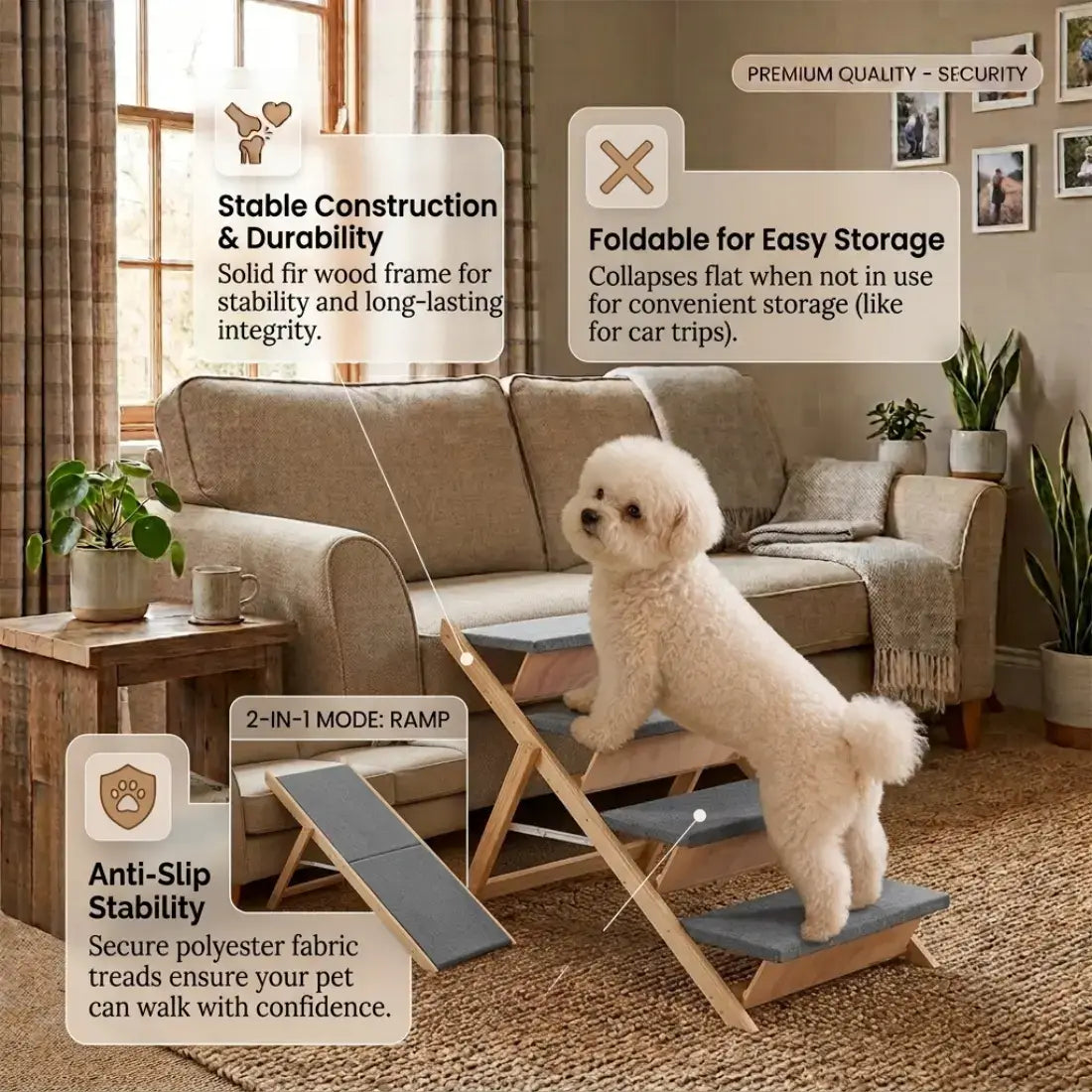 A small white dog stands on a wooden pet ramp in a living room with a beige sofa, plants, and home decor. The image includes feature callout text boxes highlighting stable construction, foldable storage, 2-in-1 ramp mode, and anti-slip stability.