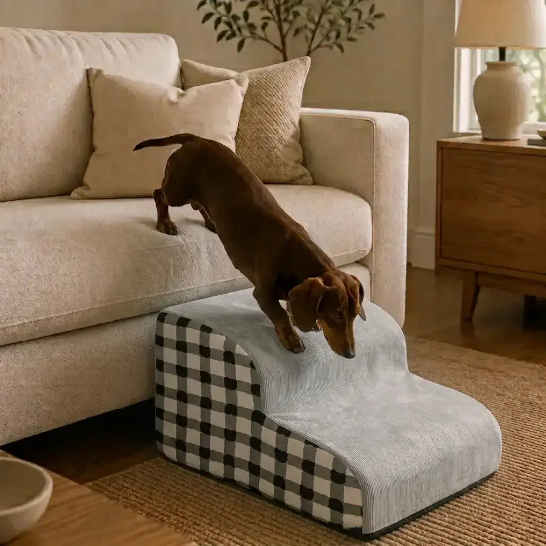 A brown dachshund is climbing a small two-step pet ramp in a cozy living room. The ramp has a light blue top step and a black-and-white buffalo plaid side panel.
