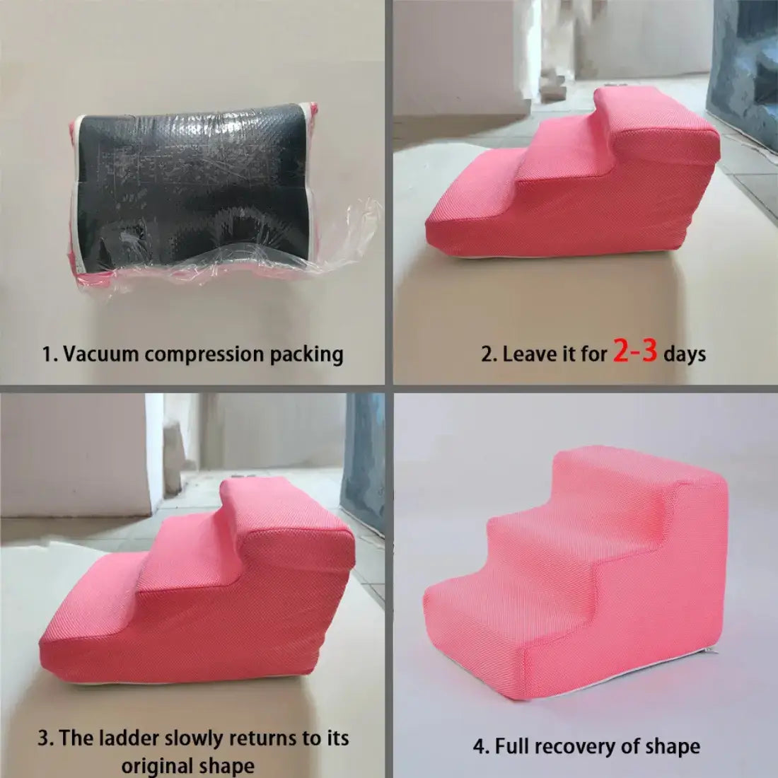 Collage of a pink pet step ladder showing vacuum compression packing and recovery process.