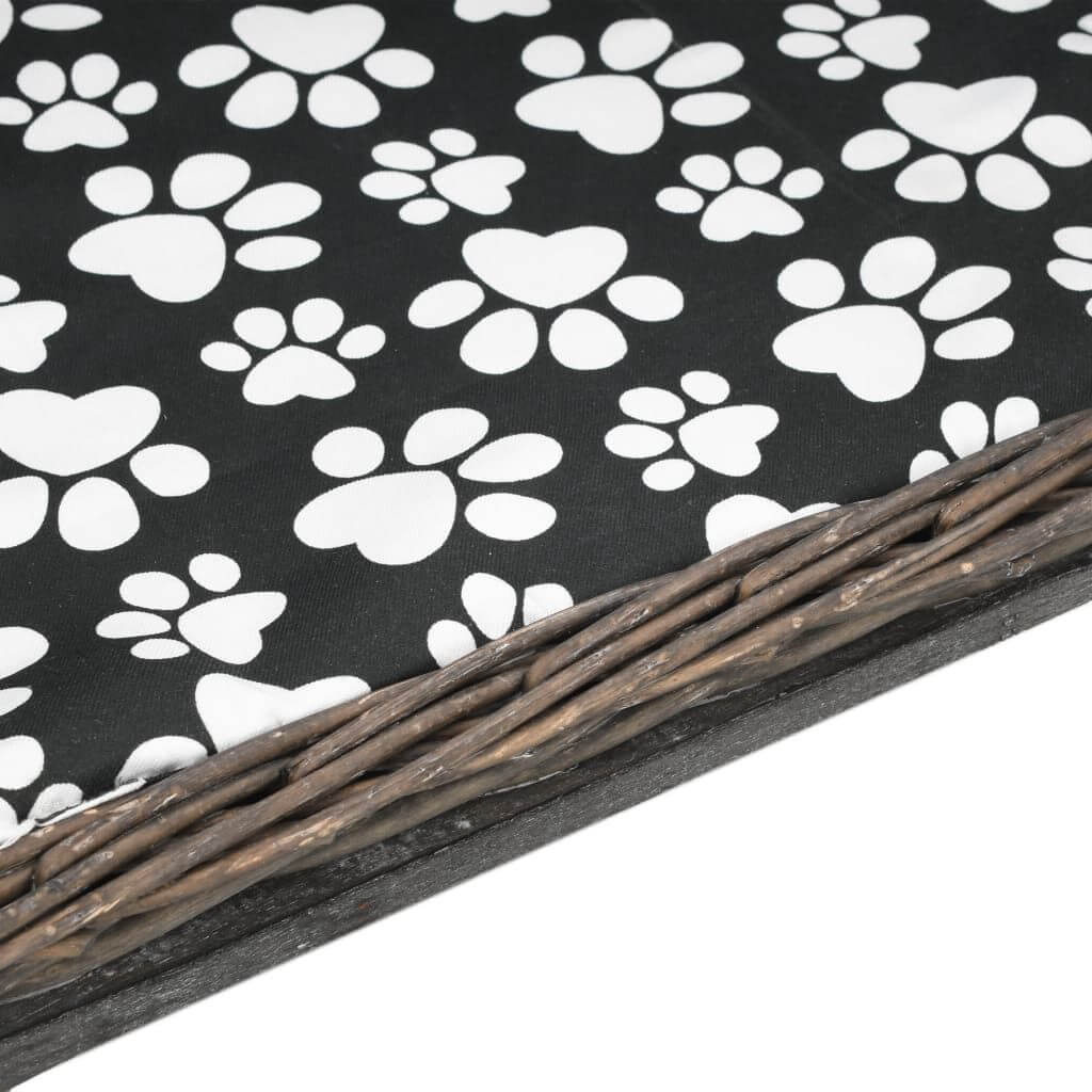 Dog Sofa Basket Natural Willow shown with grey fabric cushion and paw print pattern, Domus Canis.