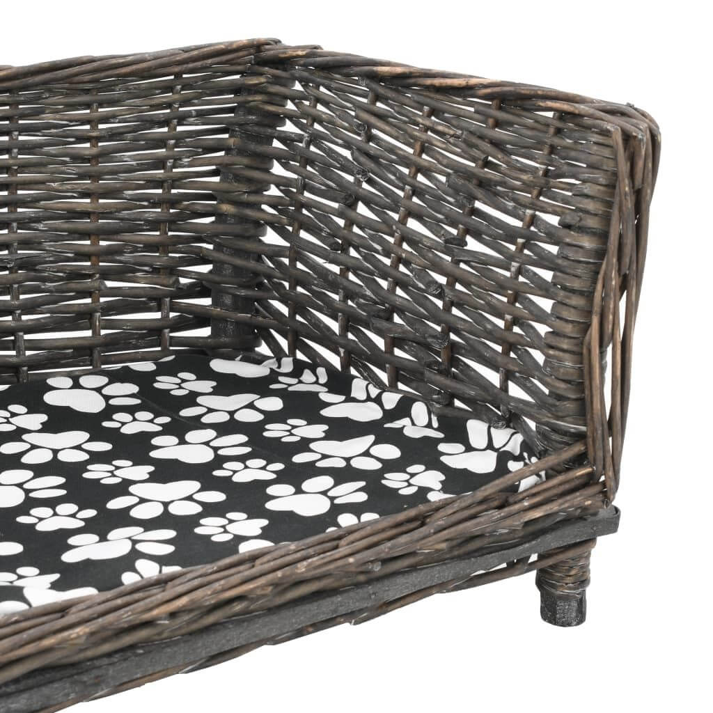 Dog Sofa Basket Natural Willow with grey plush paw print cushion, furniture-grade dog bed