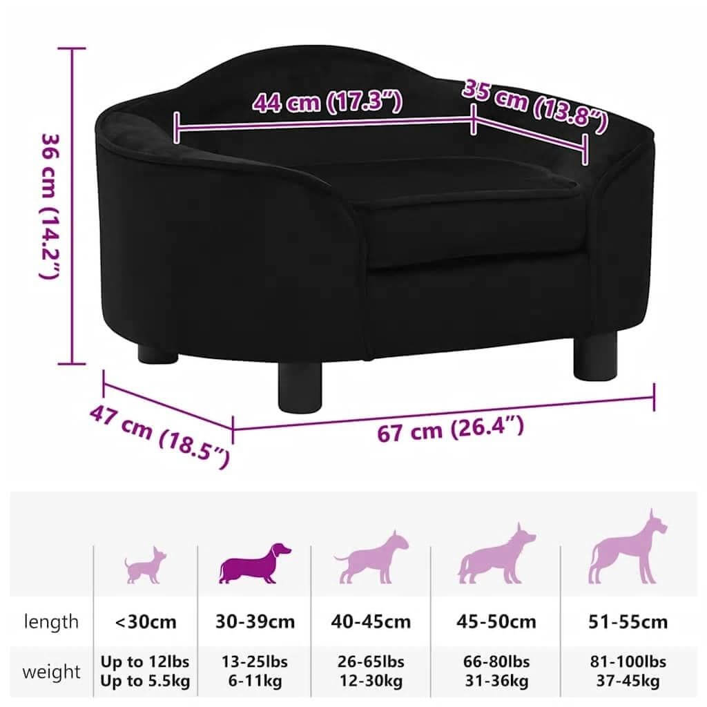 Dog Sofa Plush black size chart showing dimensions and pet size guide, Domus Canis furniture-grade dog sofa