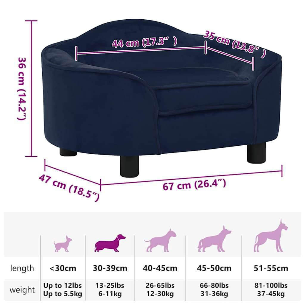 Dog Sofa Plush blue size with dimensions and dog size guide, Domus Canis furniture-grade pet bed.