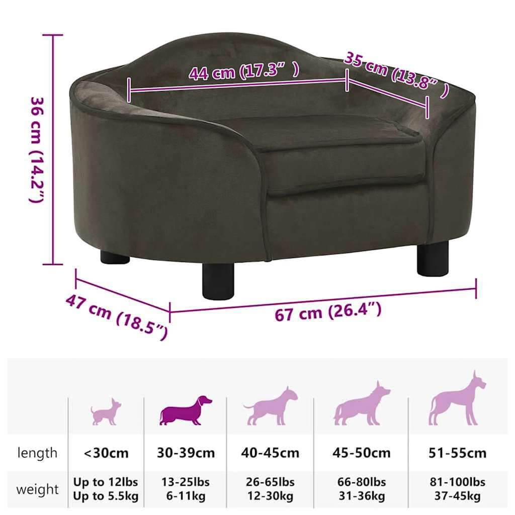 Dog Sofa Plush dark grey with size dimensions, pet weight guide and breed chart.