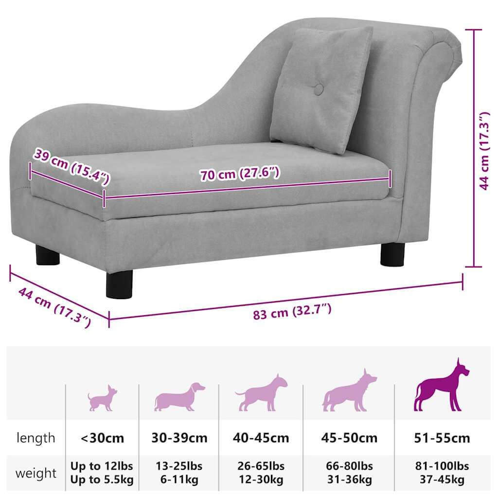Dog Sofa with Pillow Grey by Domus Canis, modern grey pet furniture, 83x44x44cm with size guide