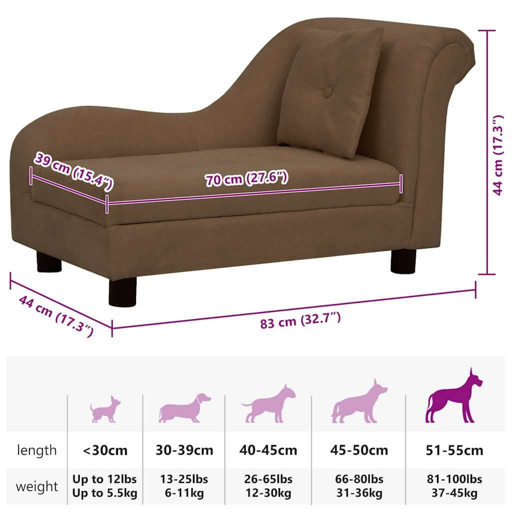 Dog Sofa with Pillow brown 83x44x44cm by Domus Canis, modern pet furniture with size chart