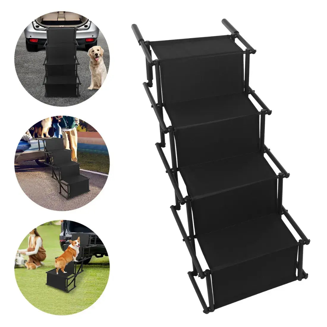 A black four-step pet ramp with a metal frame, shown on a white background with three circular inset photos demonstrating use by a car trunk, at a doorway with a person, and with a dog on grass.