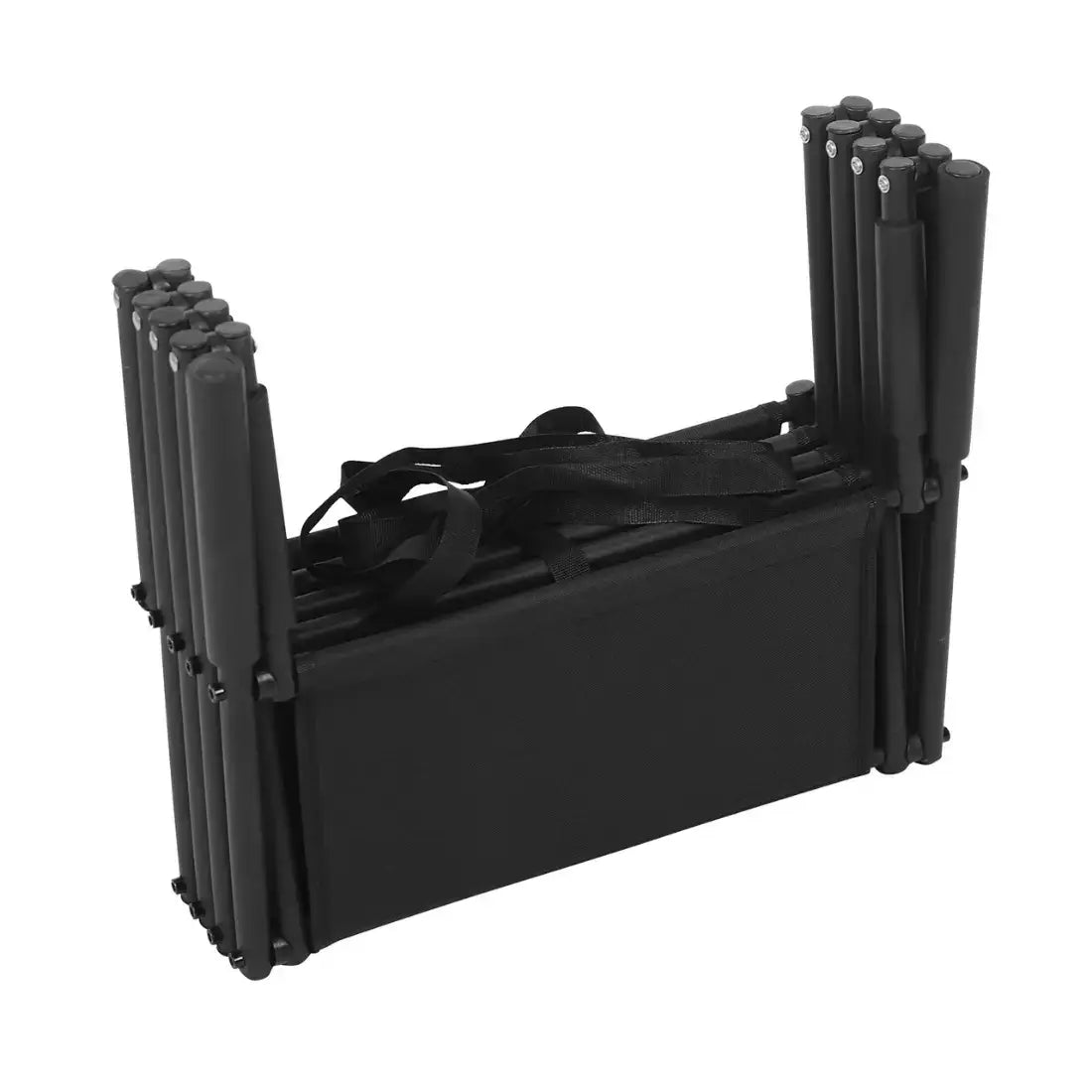 A set of black folding chairs folded and packed inside a matching black carrying bag with shoulder straps, shown on a plain white background.