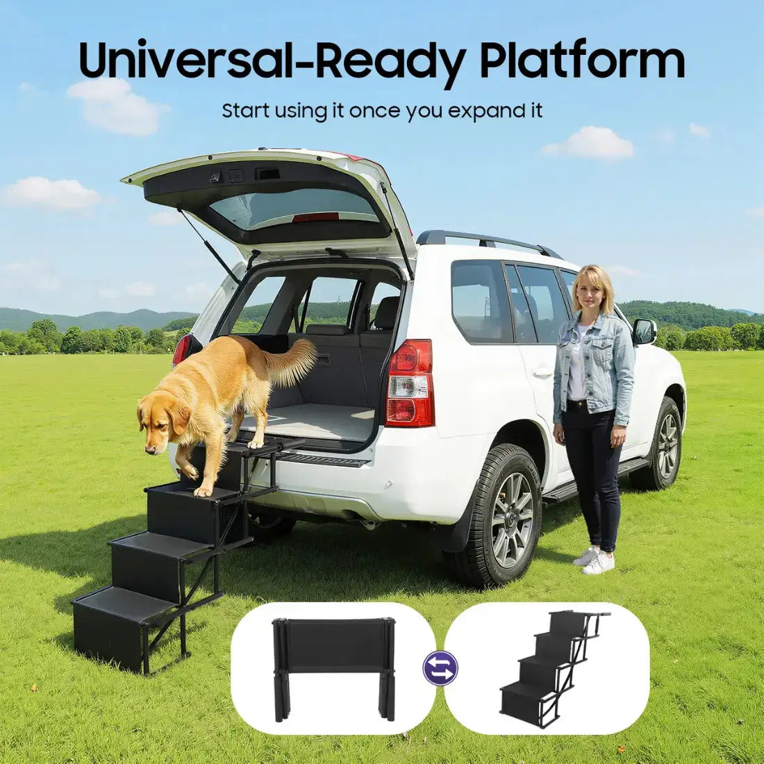 A white SUV in a grassy field with a woman standing beside it and a golden dog using a set of black outdoor step stairs mounted on the open trunk. Text at the top reads 'Universal-Ready Platform' and 'Start using it once you expand it,' with inset diagrams below showing the stairs folded and expanded.