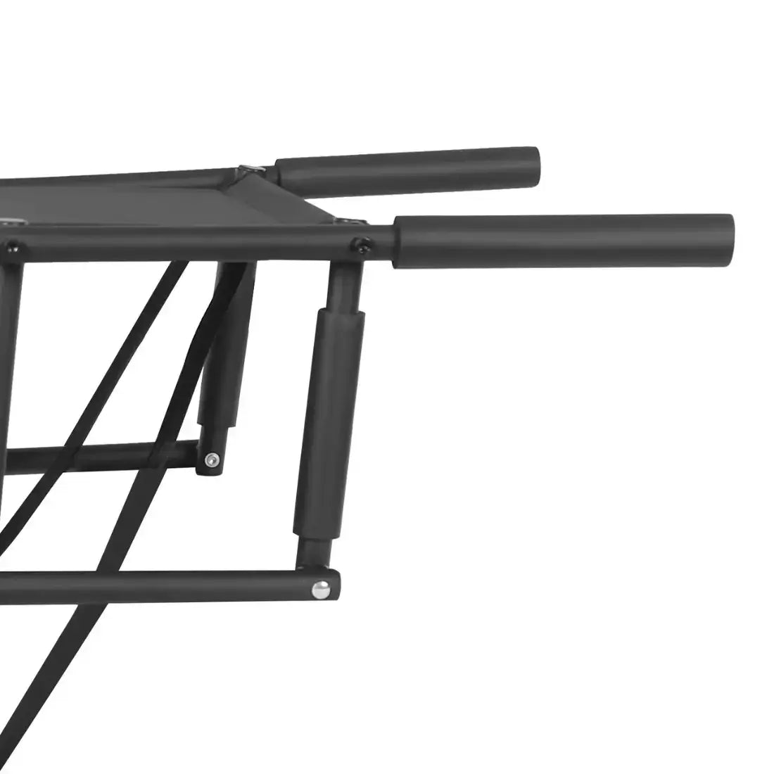 Close-up of a black metal folding table frame with cylindrical legs and horizontal support bars on a plain white background.