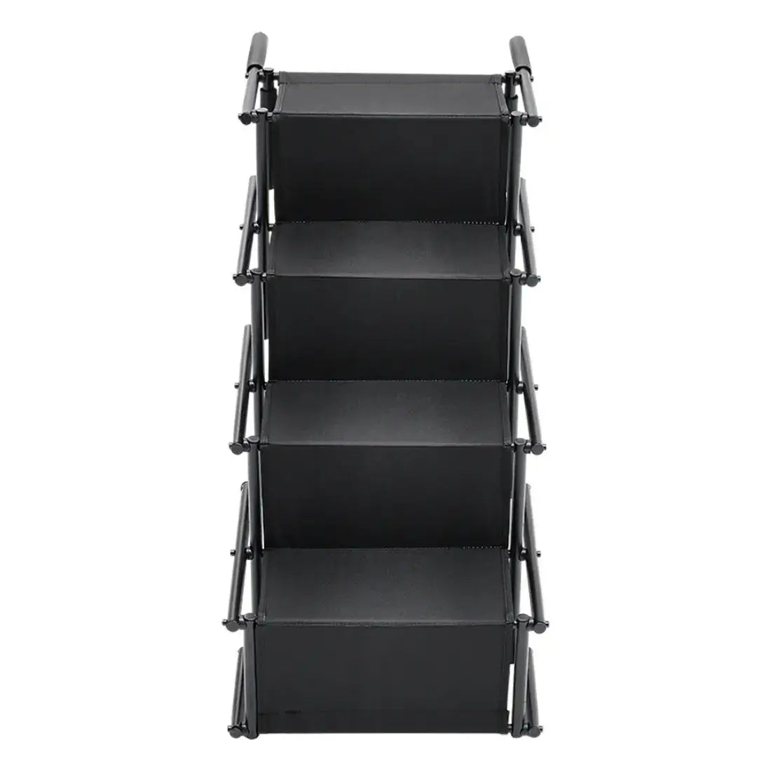 A black four-tier fabric storage ladder with a metal frame, shown against a plain white background.