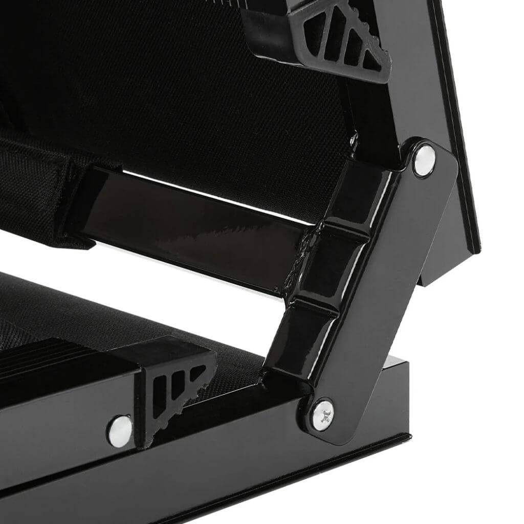 Close-up of a black metal bracket on a white background