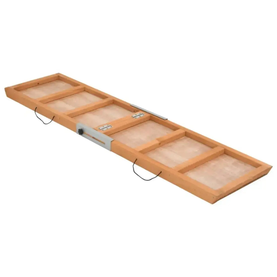 A wooden garden trellis or ladder with six rectangular compartments, featuring a natural light brown wood frame, light beige wooden panels, and a central silver metal bracket with a black adjustment knob.