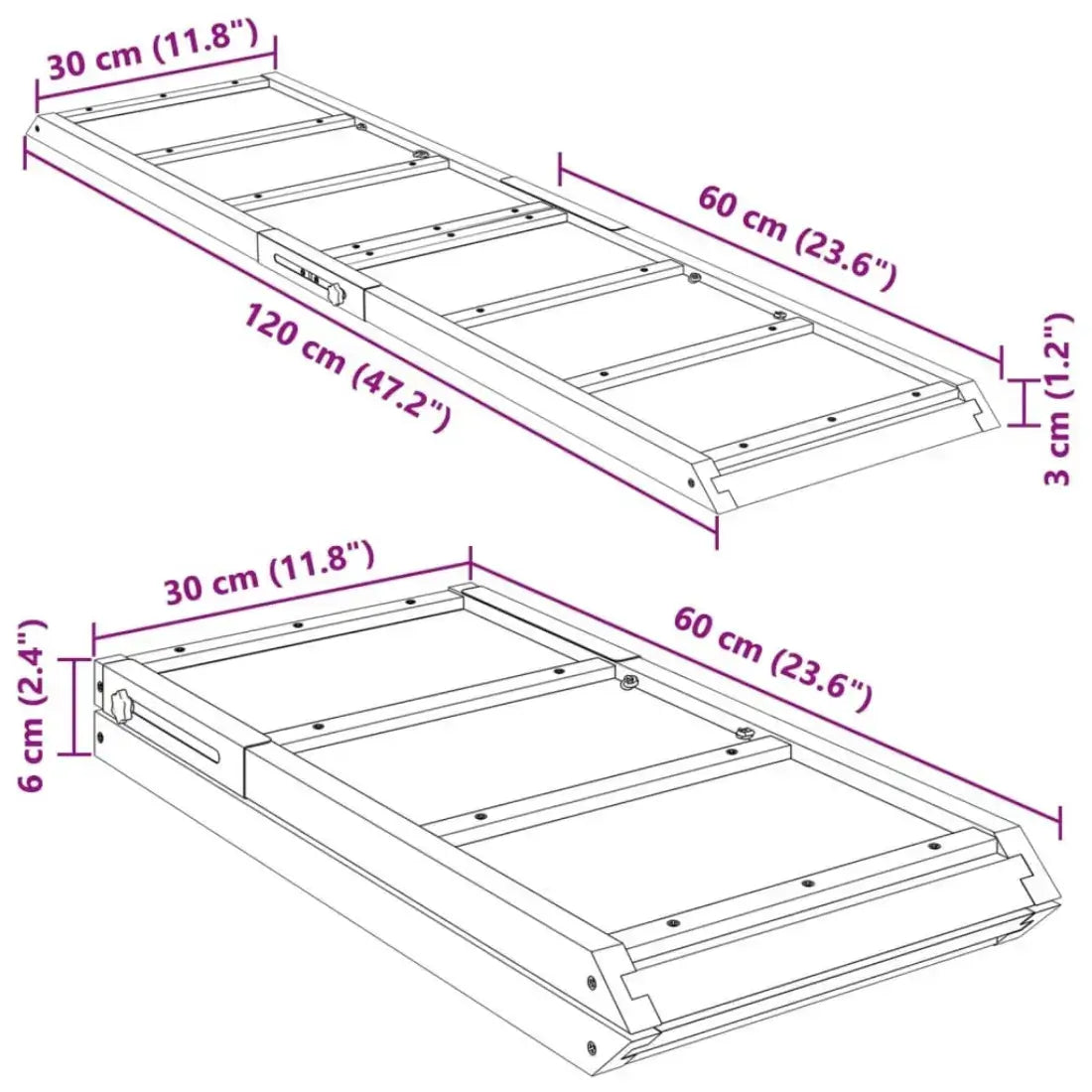 Black and white line drawing showing two views of a rectangular frame or tray-like product with dimension labels in centimeters and inches, including 120 cm, 60 cm, 30 cm, and 6 cm.