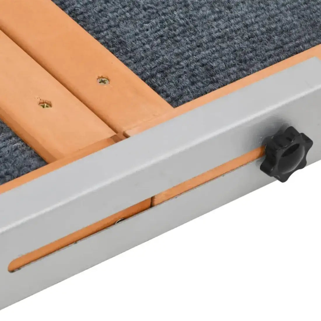 Close-up of a step stool with gray carpeted platform, wooden steps, and metal frame.