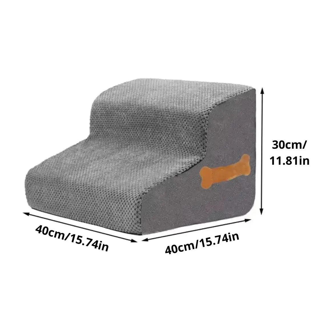 A two-step gray pet ramp with a textured fabric top and a smooth gray side panel, shown with dimension labels indicating 40cm by 40cm by 30cm.