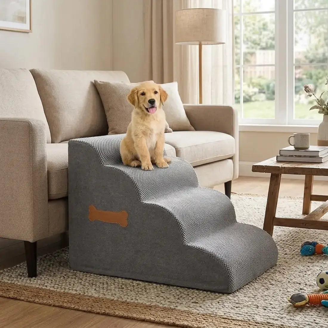 A small golden retriever sits on a gray three-step pet stairs with a textured fabric cover in a bright living room. The stairs have a tan bone-shaped accent on the side.