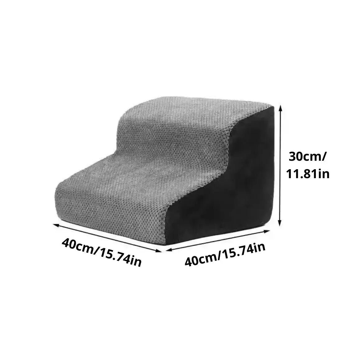 Gray wedge-shaped cushion with dimensions on a white background