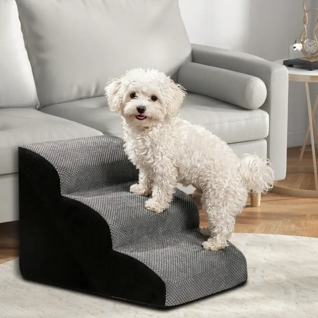 A small white fluffy dog stands on a two-step pet ramp in a living room setting with a light gray sofa and wooden floor.