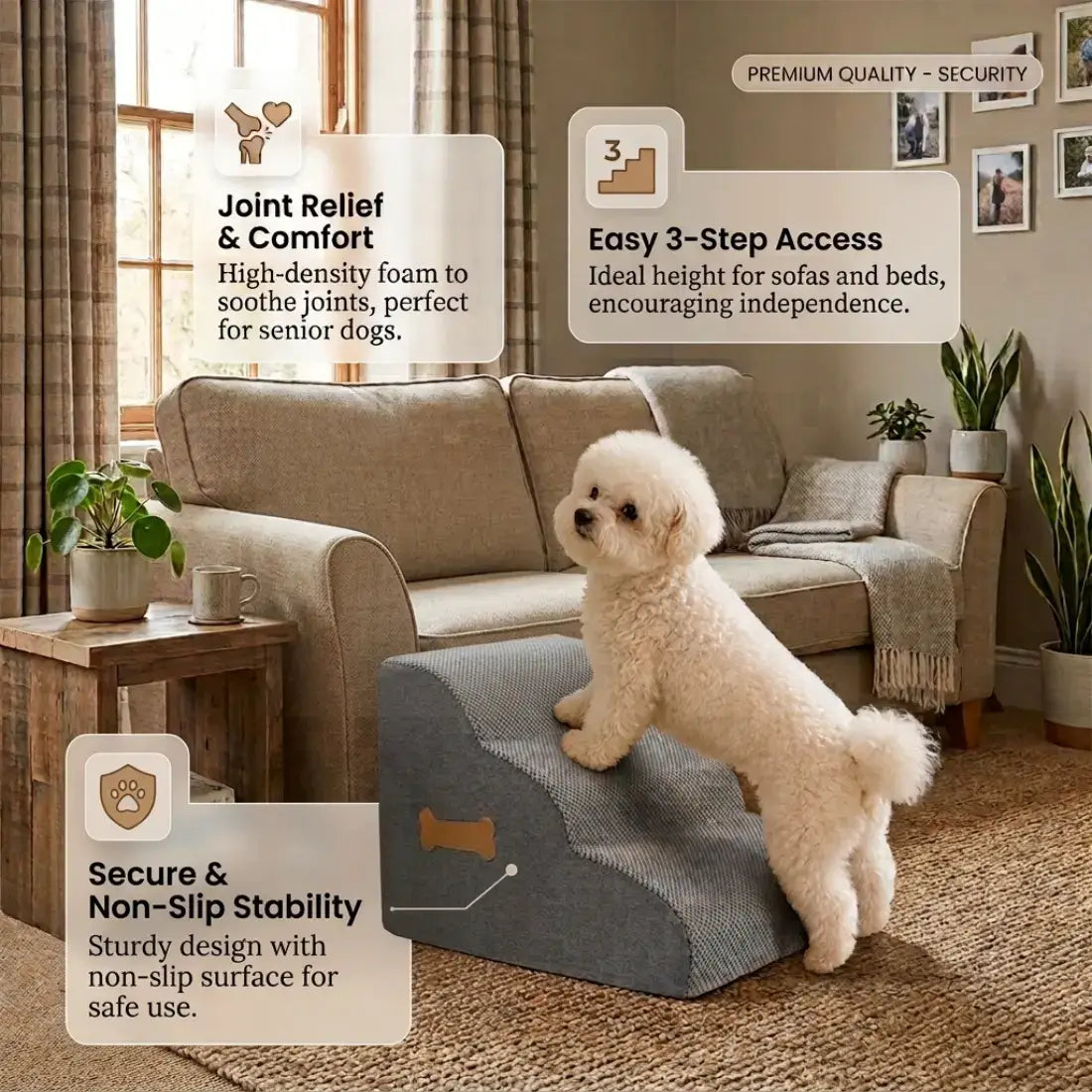 A small white dog stands on a gray stair-style pet ramp in a living room, with text callouts describing joint relief, 3-step access, and non-slip stability.