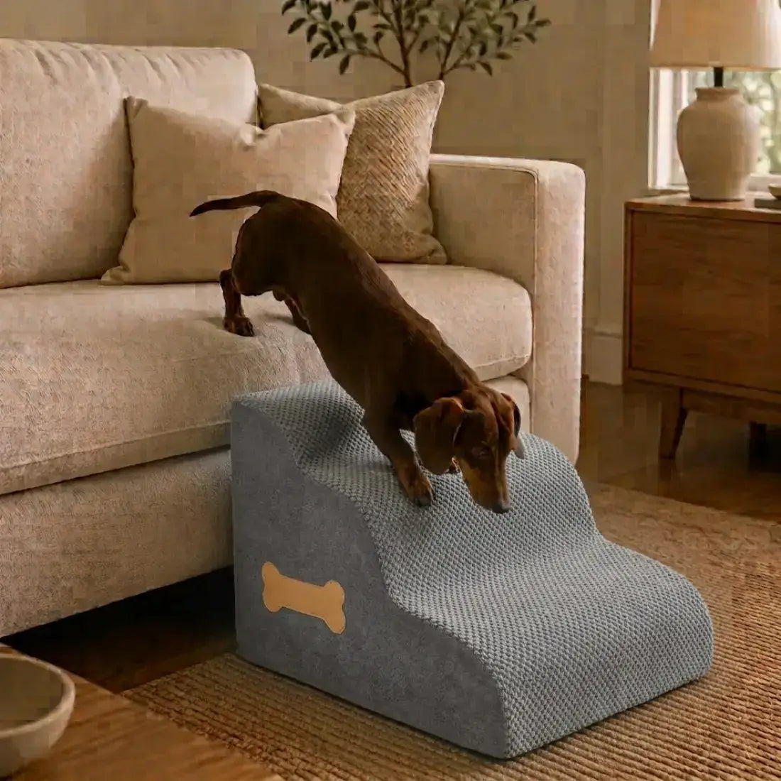 A dachshund dog is climbing a gray textured pet step ladder with a bone-shaped accent, placed in a cozy living room next to a beige sofa.