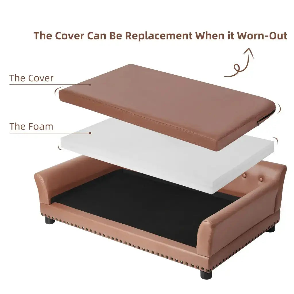 Brown leather dog sofa with foam and cover layers labeled on a white background.