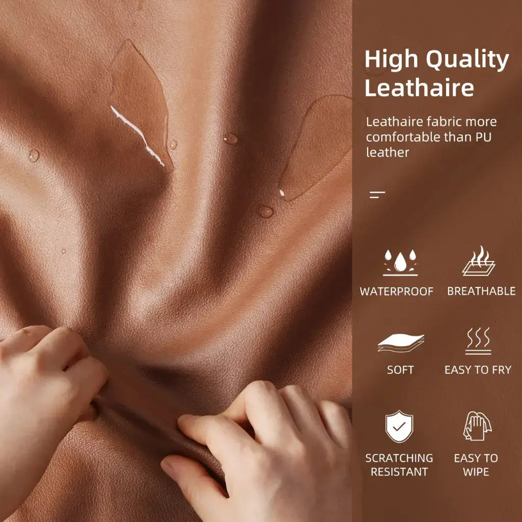 Brown leather fabric with hands touching it, highlighting its texture and quality.