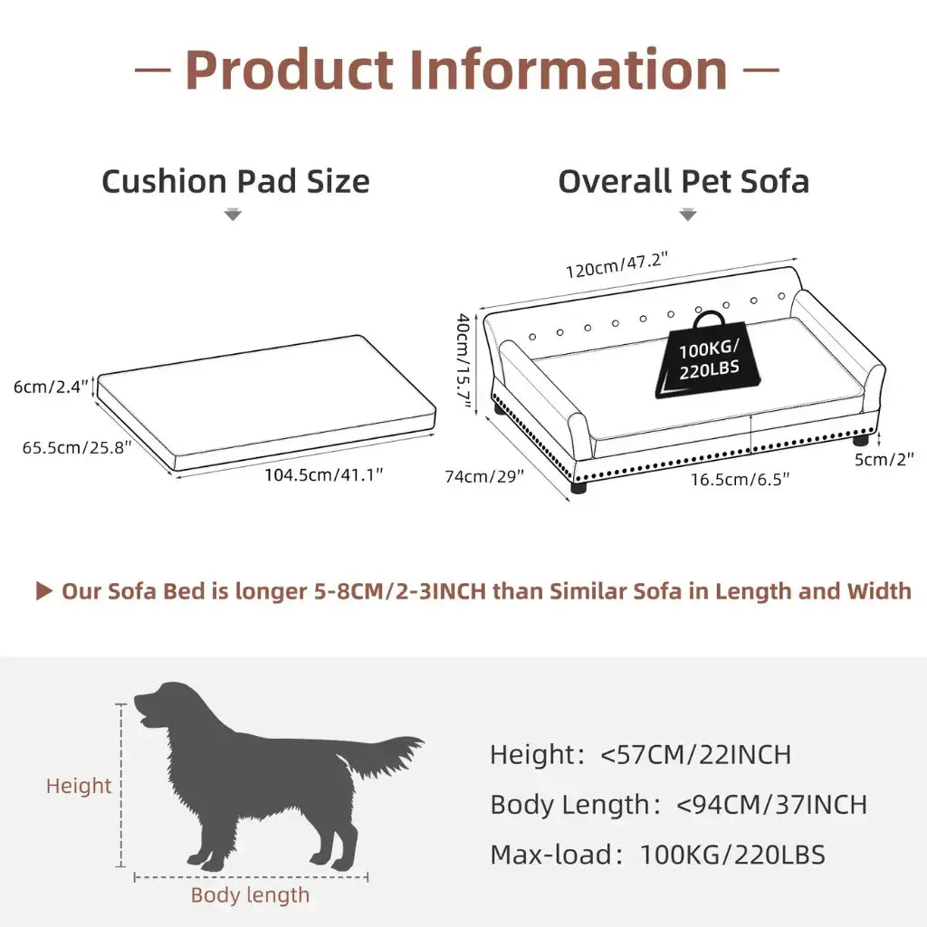 Product information chart for a pet sofa with dimensions and features.