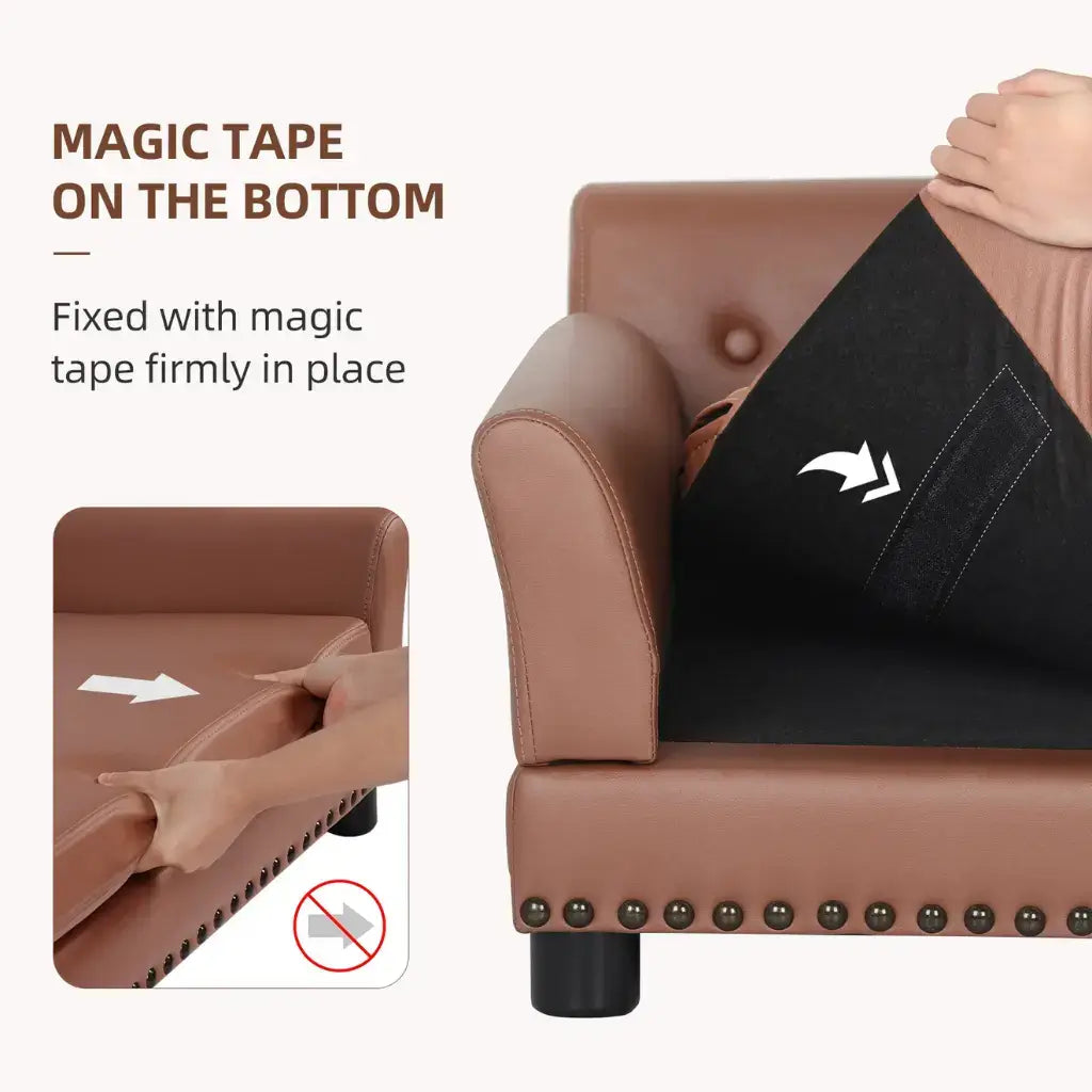 Black mat with magic tape on the bottom being applied to a brown leather dog sofa.