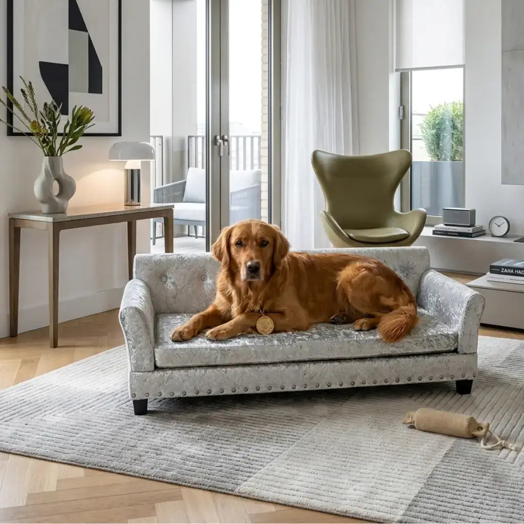 Dog lying on a large gray dog sofa in a modern living room.