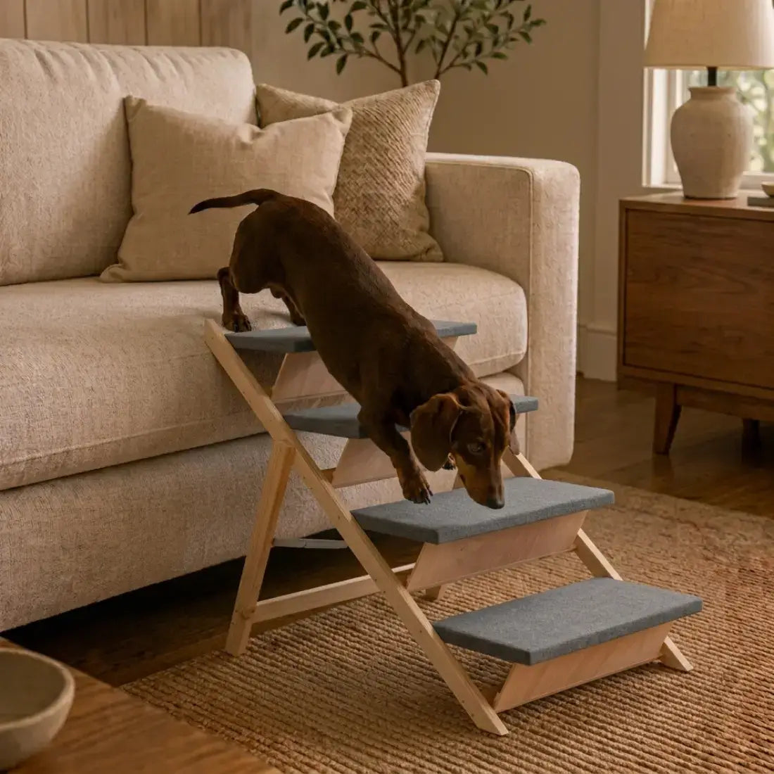 A brown dachshund is climbing a three-step pet stair with gray cushioned steps in a living room setting next to a beige sofa.