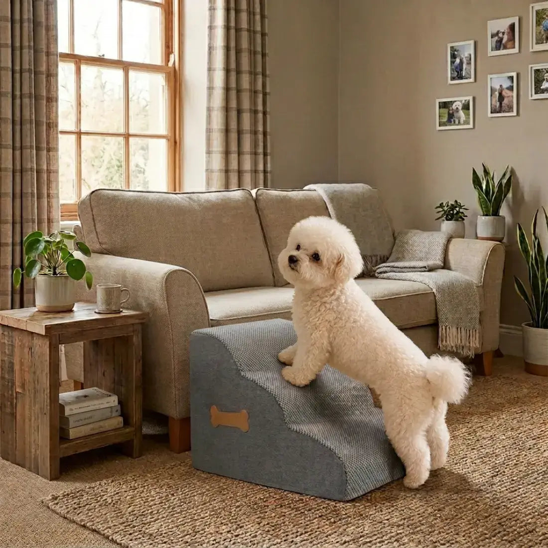 A small white dog stands on a gray carpeted pet ramp in a cozy living room with a beige sofa, plants, and framed wall art.
