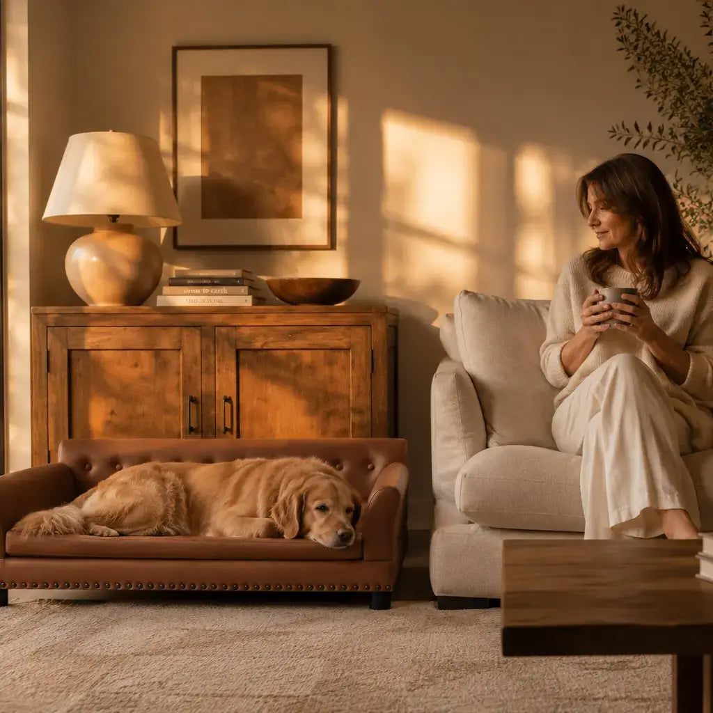 Woman sitting on a couch with a dog in a cozy living room
