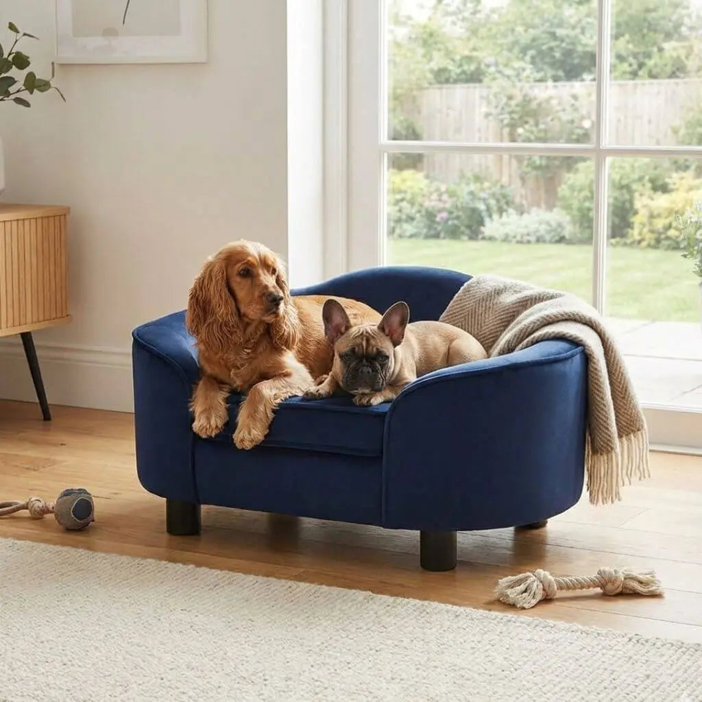  Two dogs relaxing on a blue Domus Canis dog sofa in a modern living room