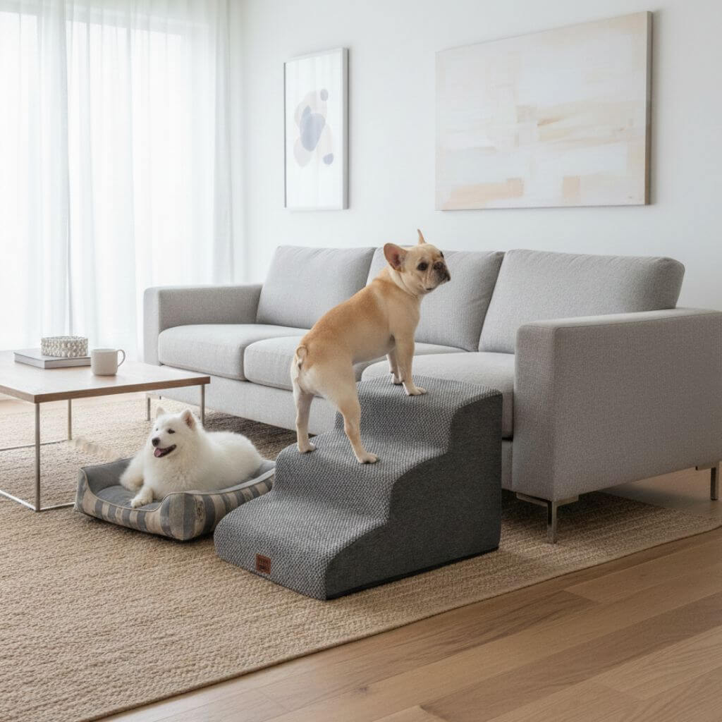 Domus Canis dog steps beside a modern sofa with two dogs in a stylish living room