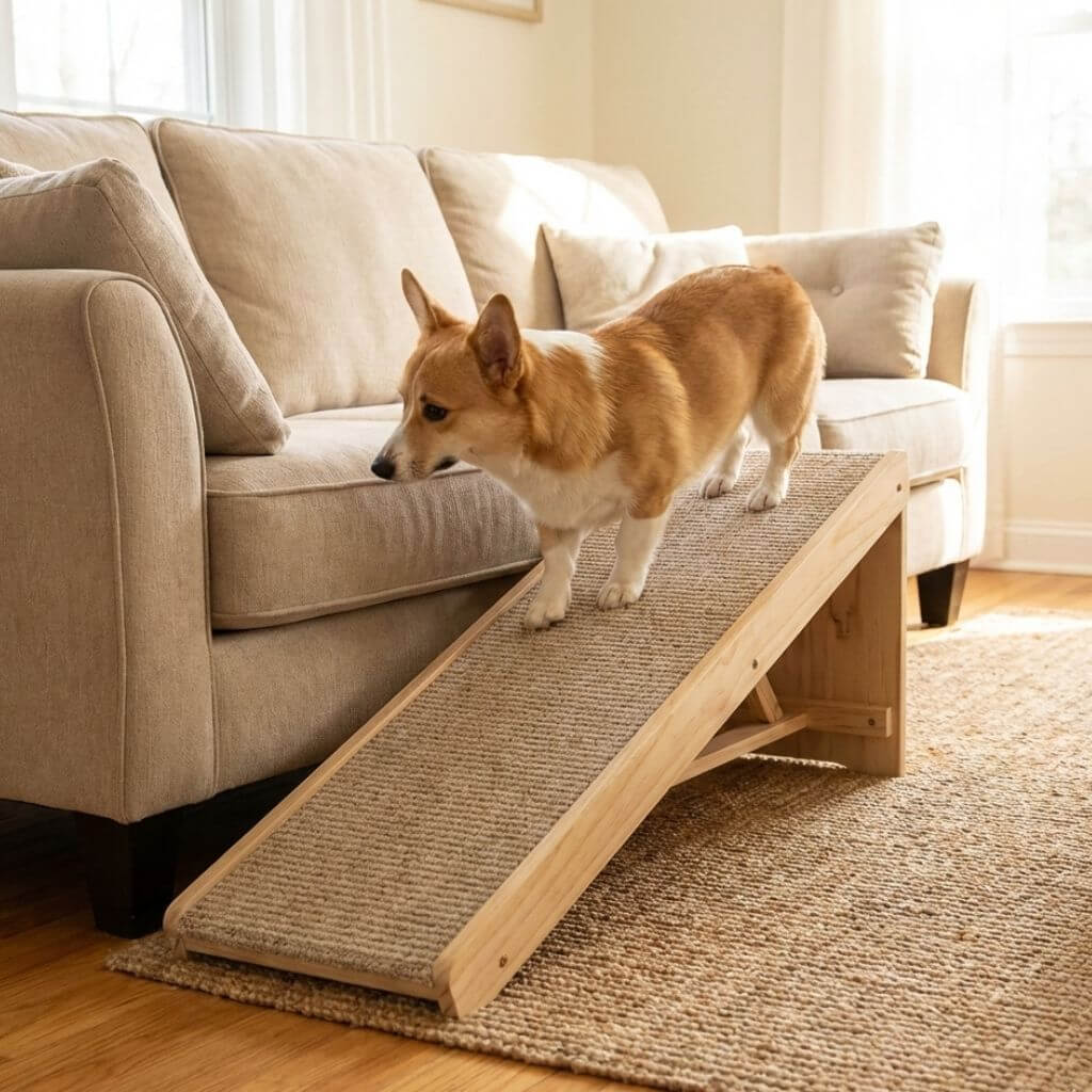 Corgi using Domus Canis dog ramp to access beige sofa in a modern living room
