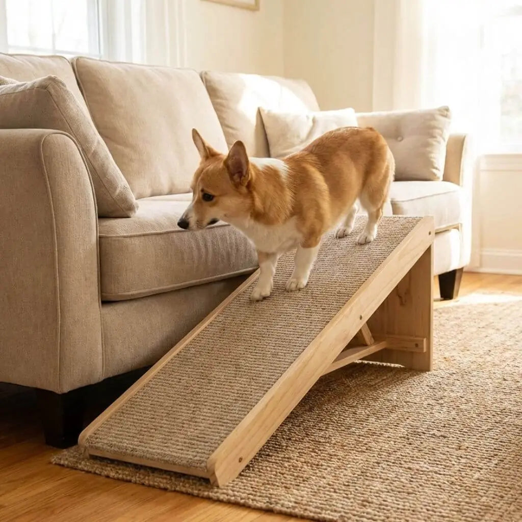 Corgi using Domus Canis dog ramp to access beige sofa in a modern living room
