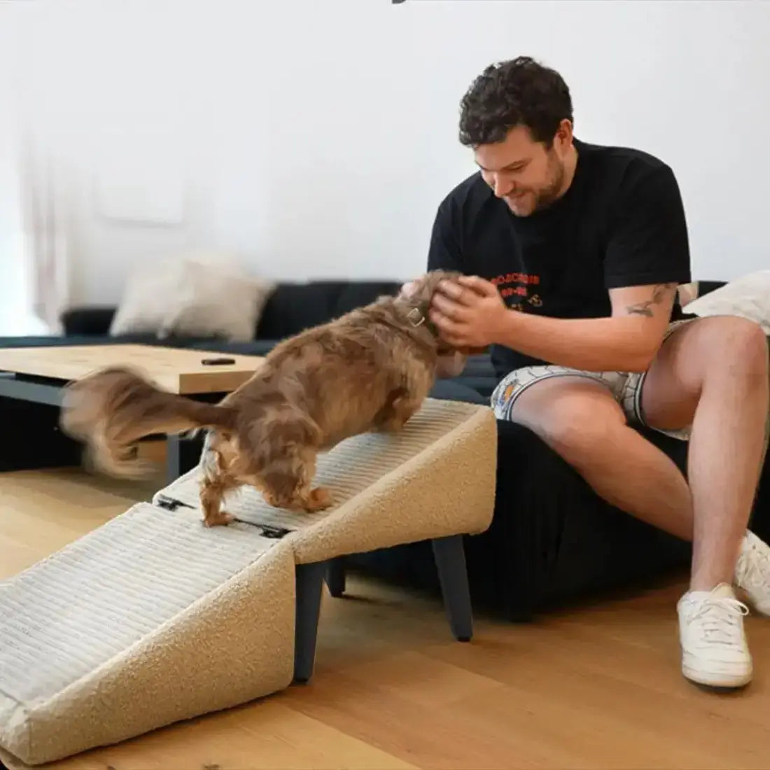 Man sitting on a couch with a small dog on a pet ramp in a living room setting.