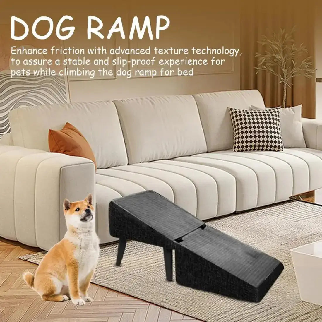 A black dog ramp positioned in front of a cream-colored sectional sofa in a living room setting, with a Shiba Inu dog sitting nearby. White text at the top reads 'DOG RAMP' and includes descriptive marketing copy about enhancing friction for pets.