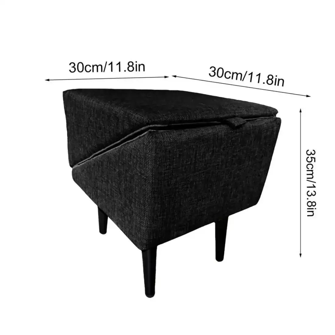 Dark gray ottoman with dimensions labeled on a white background