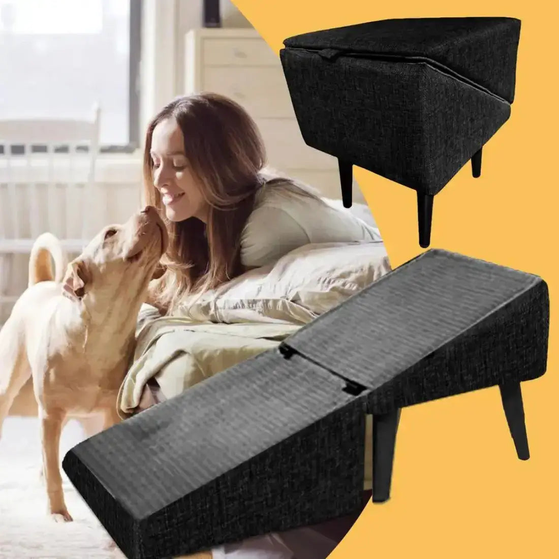 A dark gray upholstered pet ramp shown in two product views on a split yellow-and-white background, with a woman and dog pictured in a bedroom scene behind it.