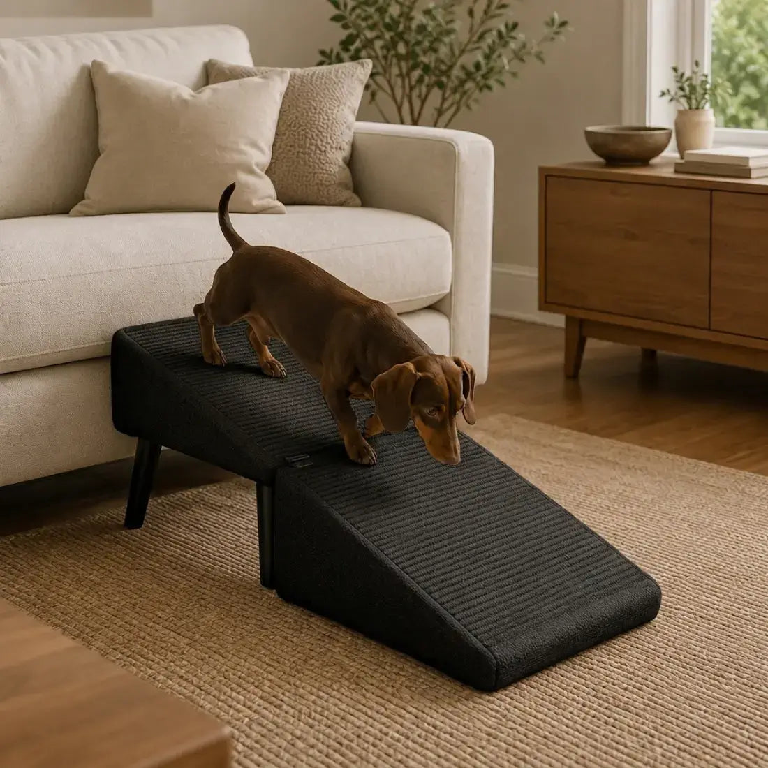 A dachshund dog stands on a black textured pet ramp in a cozy living room with a beige sofa, wooden cabinet, and woven rug.