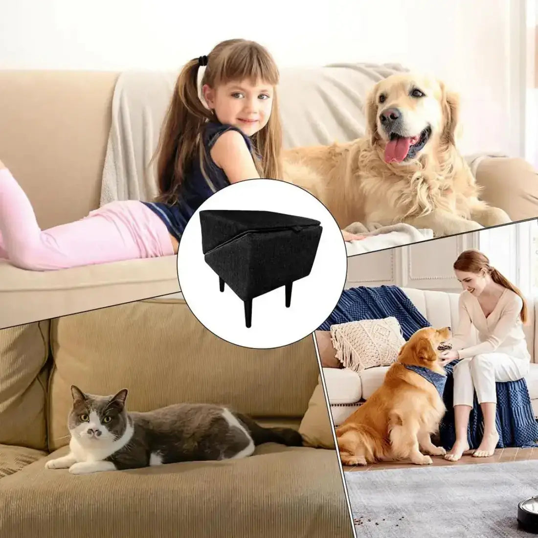 Woman sitting on a couch with a dog and cat, inset showing a black pet bed.