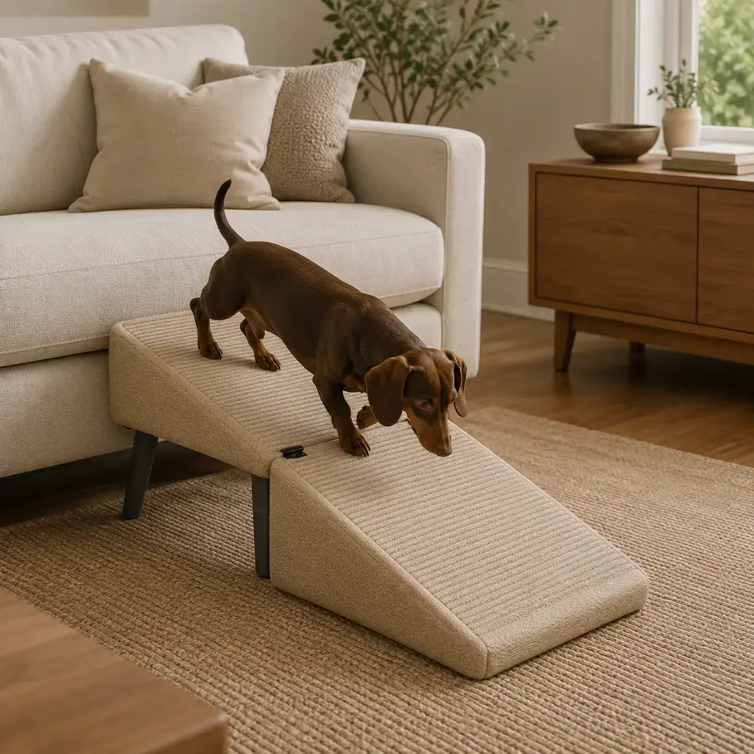 A dachshund dog is climbing a beige textured pet ramp with black legs in a modern living room setting.