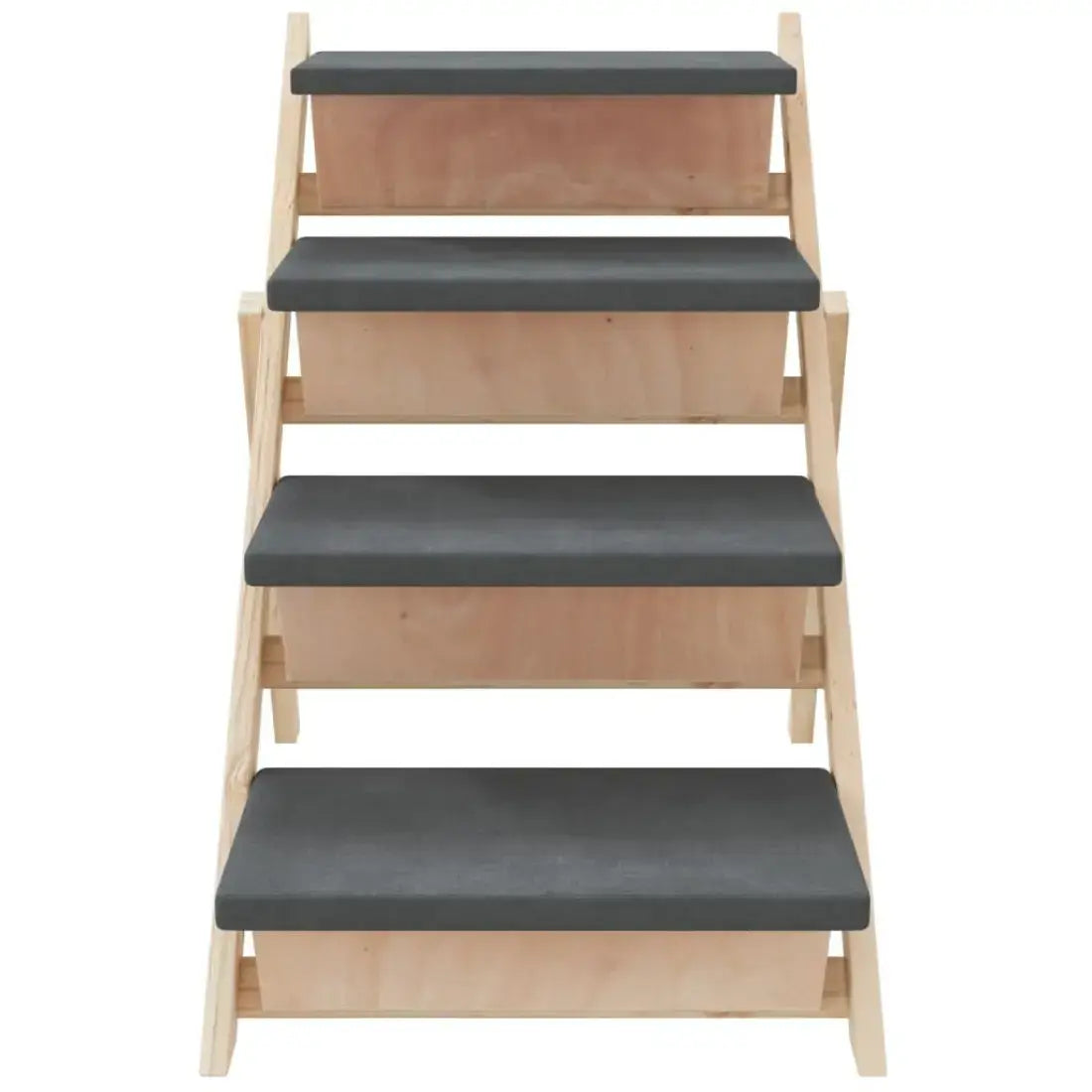 A four-step wooden stair step stool with dark gray cushioned rubber steps, shown against a plain white background.