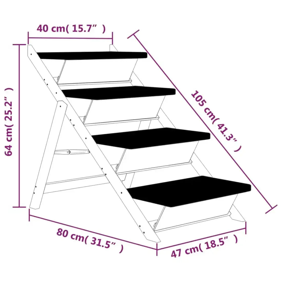A dimension diagram of a four-step staircase with black steps and a white frame, showing measurements in centimeters and inches with purple lines and text on a white background.