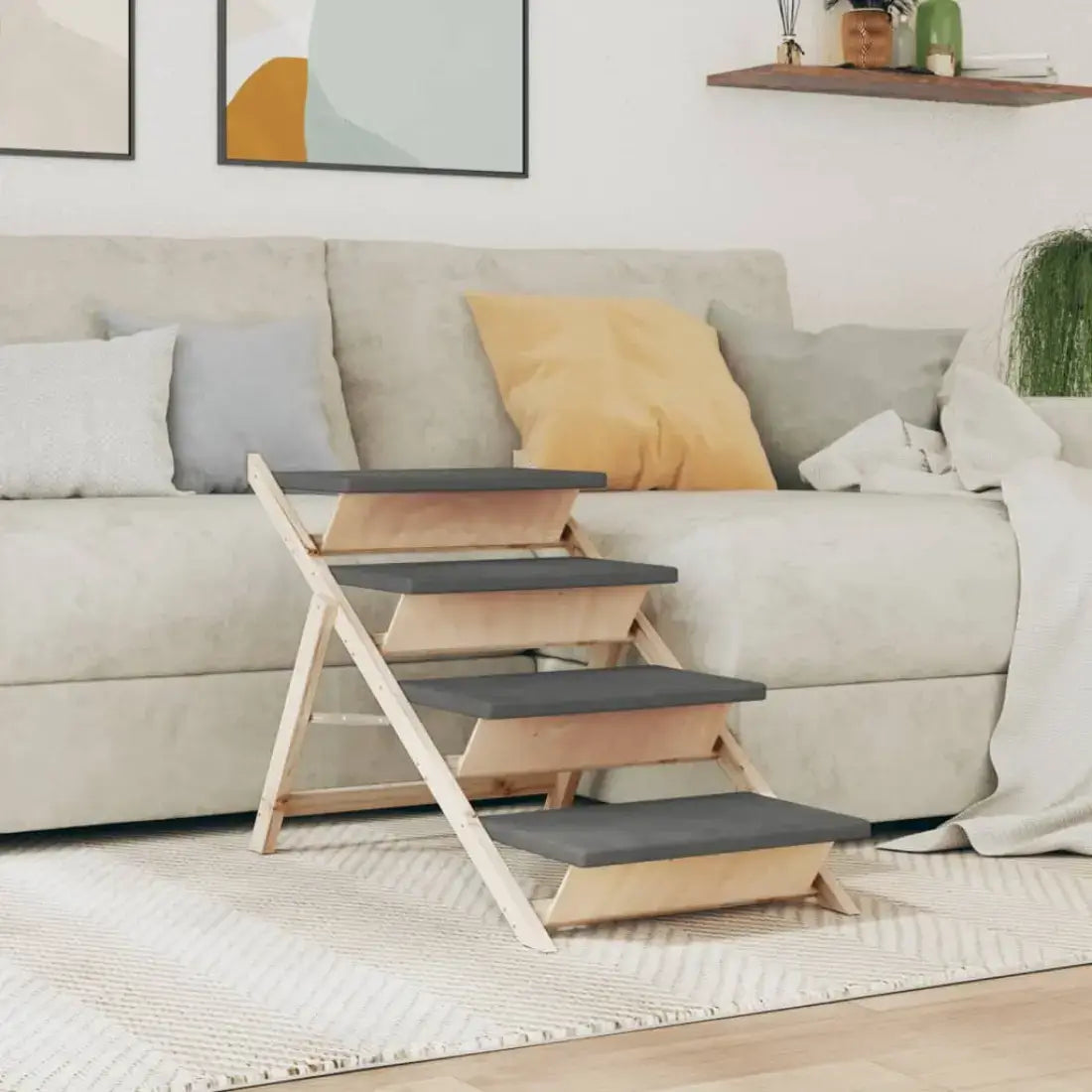 Wooden pet stairs in a living room setting with a sofa and cushions.